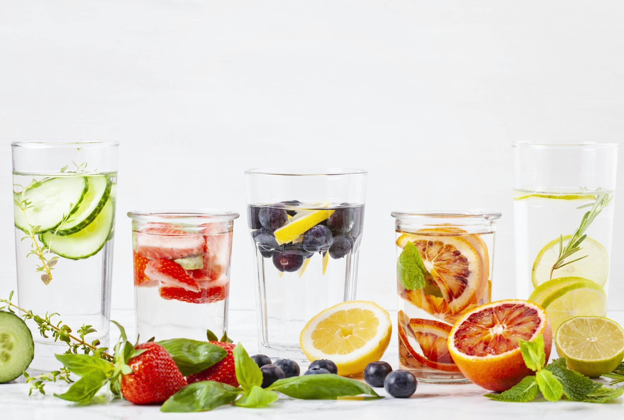 Herbs and fruits flavored infused water. Summer refreshing drink